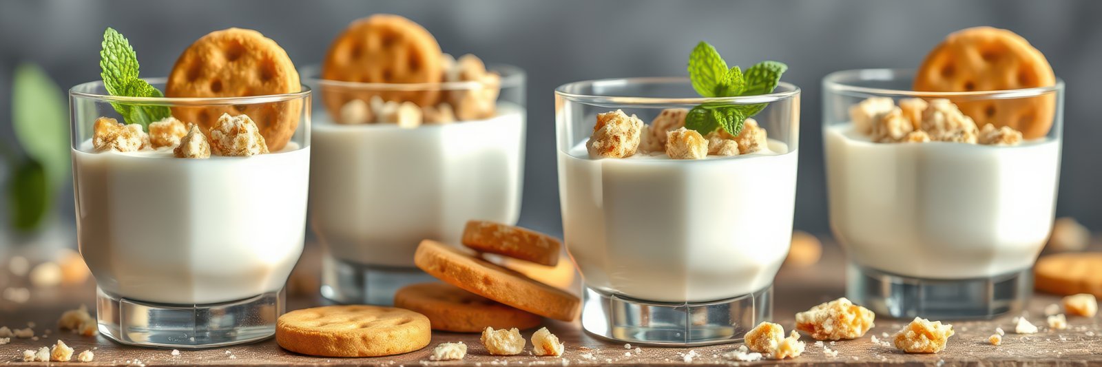 Delightful dessert cups featuring creamy yogurt, crunchy toppings, and cookies arranged on a rustic table